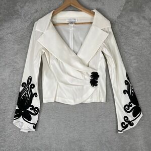 Jackie Jon Blouse Womens 8 White Black Soutache Wrap Top Bell Sleeve Y2K Evening